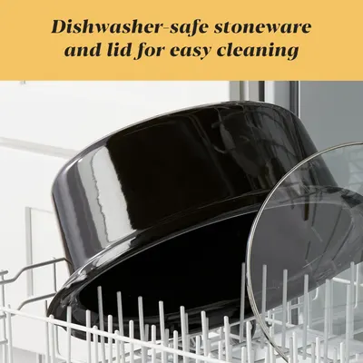 Communicates that the stoneware cookware and lid are dishwasher-safe, reassuring shoppers that cleanup is convenient and hassle-free.