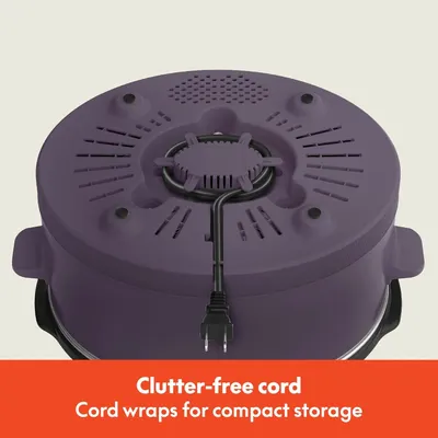 Highlights the built-in cord wrap feature that keeps the power cord organized and clutter-free, emphasizing convenience and tidy storage.