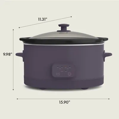 Communicates the exact physical dimensions of the slow cooker to help shoppers understand its size and whether it will fit their kitchen space and cooking needs.