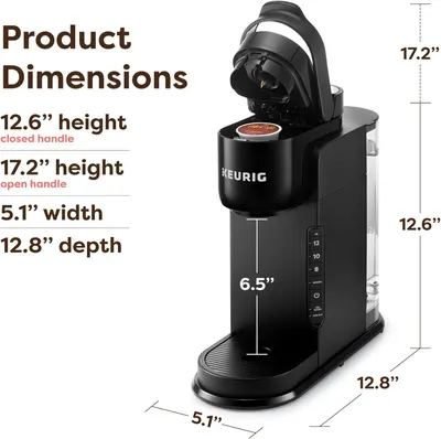 Communicates the exact physical dimensions of the coffee maker to help shoppers understand if it will fit in their kitchen space.