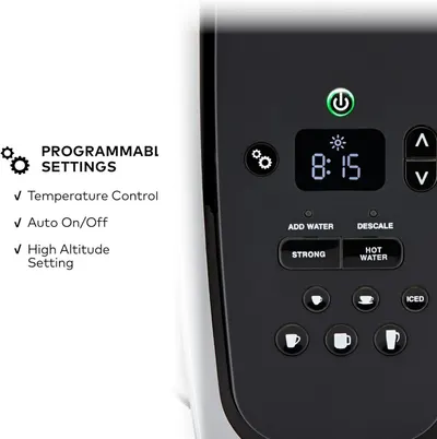 Communicates the advanced programmability and customization features of the coffee maker to reassure shoppers that the machine offers flexible, convenient control options.