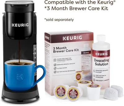 Communicates that this Keurig brewer is compatible with the Keurig 3 Month Brewer Care Kit (sold separately), reassuring shoppers about maintenance options and long-term care for their machine.