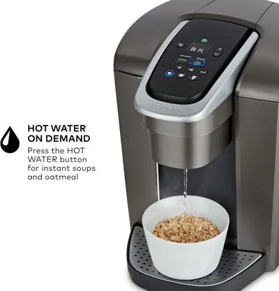 Highlights the convenience of instant hot water dispensing for making soups and oatmeal, emphasizing ease of use and time-saving functionality.