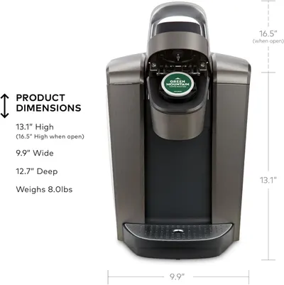Communicates the exact physical dimensions and weight of the coffee maker to help shoppers determine if it will fit in their space.