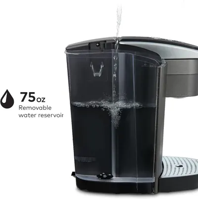Communicates the large 75oz water capacity of the removable reservoir to reassure shoppers they can brew multiple cups without frequent refilling. Highlights the convenience of the removable water…