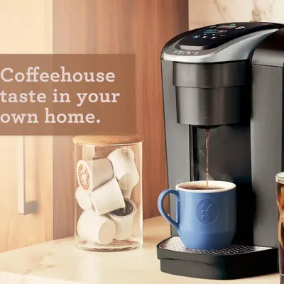 Communicates that the product delivers premium, coffeehouse-quality coffee in the convenience of your own home, appealing to shoppers who want café-style beverages without leaving home.
