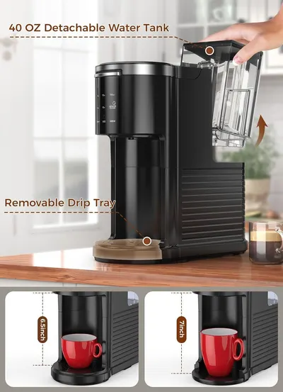 Highlights the key physical components and functional parts of the coffee maker, showing the detachable water tank for easy refilling and the removable drip tray that adjusts to accommodate…