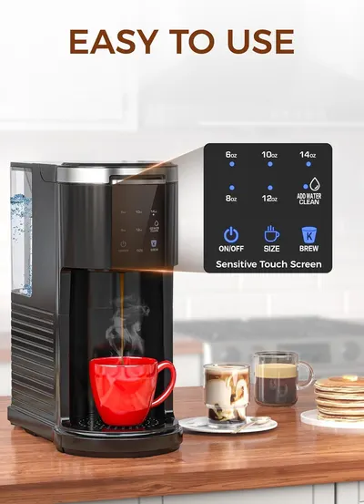 Communicates that the coffee maker is user-friendly with an intuitive touch screen interface, reassuring shoppers that operation is simple and straightforward.