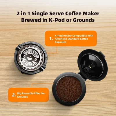 Communicates the product's dual functionality—compatibility with K-Pods and the ability to brew ground coffee—to show versatility and value to shoppers.