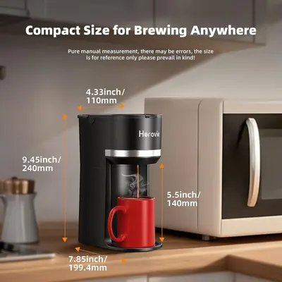 Communicates the exact physical dimensions of the coffee maker to help shoppers understand its compact footprint and ensure it fits their counter space. Highlights the product's compact size as a…