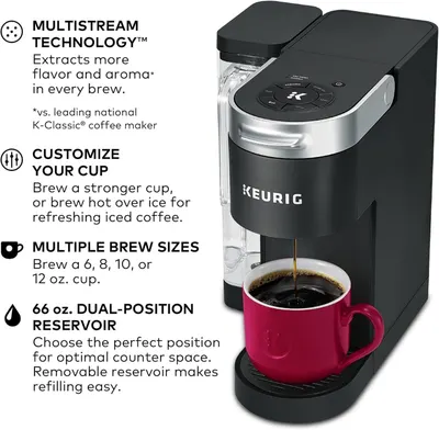 This image showcases four distinct product benefits in a segmented layout to communicate the coffee maker's versatility, superior brewing technology, customization options, and space-saving design.