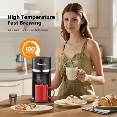 Communicates the product's speed and efficiency by highlighting that it can brew a cup of hot coffee in just 120 seconds, appealing to busy shoppers who value convenience and time-saving features.…