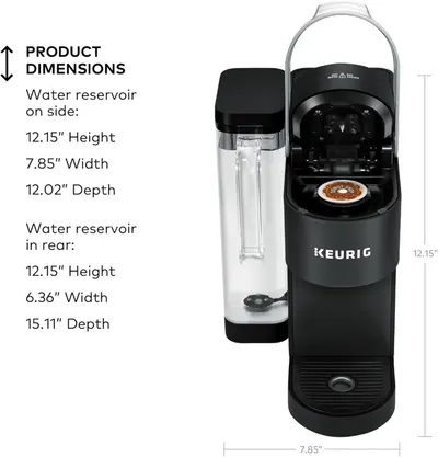 Provides exact physical measurements of the coffee maker with water reservoir in different positions to help shoppers understand the space requirements and physical footprint of the product.