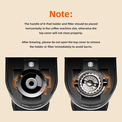 Instructs shoppers on the correct way to insert the K-Pod holder and filter into the coffee machine, and warns about burn safety after brewing.