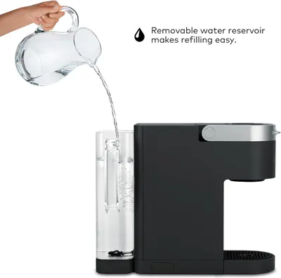 Demonstrates the convenience of the removable water reservoir feature, showing how easy it is to refill the coffee maker by simply removing and filling the tank separately.