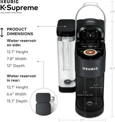 Provides detailed physical measurements of the coffee maker and its water reservoir configurations to help shoppers understand the exact size and space requirements for the product.