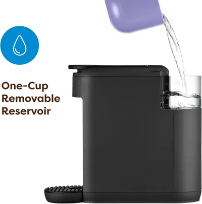 Highlights the convenience of the removable one-cup water reservoir, reassuring shoppers that the coffee maker is easy to fill and maintain for single-serve brewing.