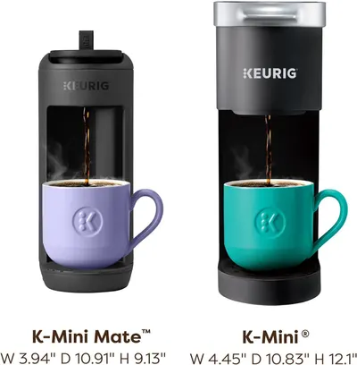 Shows the size and design differences between two Keurig models (K-Mini Mate and K-Mini) to help shoppers choose the right product for their needs. Provides exact width, depth, and height…