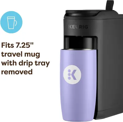 Communicates that the product can accommodate a standard 7.25 inch travel mug with the drip tray removed, reassuring shoppers about compatibility with their existing drinkware.