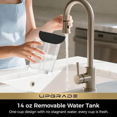 Highlights the 14 oz removable water tank capacity to communicate the product's convenience and single-serve freshness benefit. Demonstrates the one-cup design benefit that ensures every cup uses…
