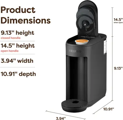 Communicates the exact physical size of the coffee maker to help shoppers understand if it will fit in their space, showing both closed and open handle heights.