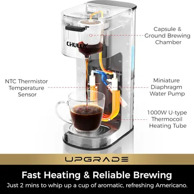 This image breaks down the internal components and technology of the coffee maker to educate shoppers about the sophisticated engineering and build quality, reinforcing trust in the product's…