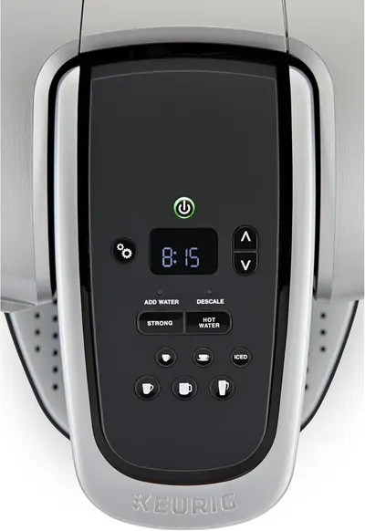 This image showcases the coffee maker's control panel and interface, highlighting the various buttons, digital display, and brewing options to help shoppers understand how to operate the machine and…