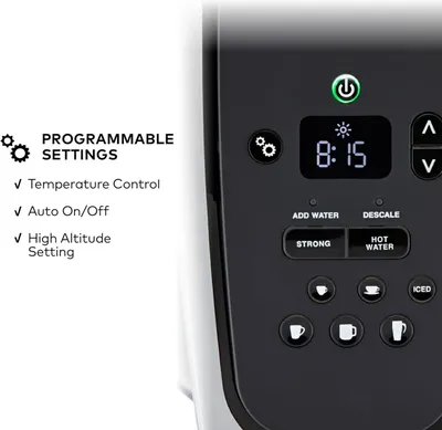 Communicates the programmable settings and customization options available on the coffee maker to reassure shoppers that the product offers flexible control and convenience features.