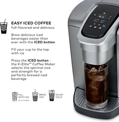 Explains the simple 3-step process for making iced coffee using the ICED button feature, reassuring shoppers that brewing iced beverages is quick and foolproof. Highlights the dedicated ICED button…
