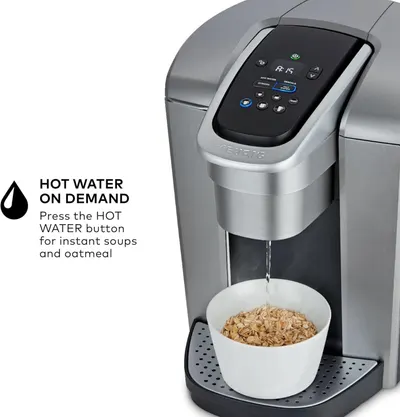 Highlights the convenience of instant hot water dispensing for quick meal preparation like soups and oatmeal, emphasizing ease of use and time-saving functionality.