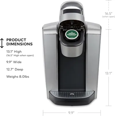 Communicates the exact physical dimensions and weight of the coffee maker to help shoppers determine if it will fit in their space and meet their size requirements.