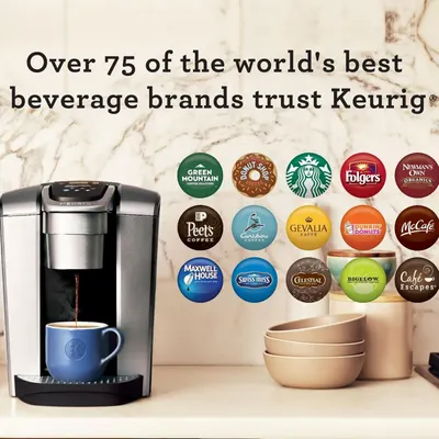 Communicates that Keurig is trusted by over 75 major beverage brands, building credibility and reassuring shoppers about the wide variety of compatible beverage options available.
