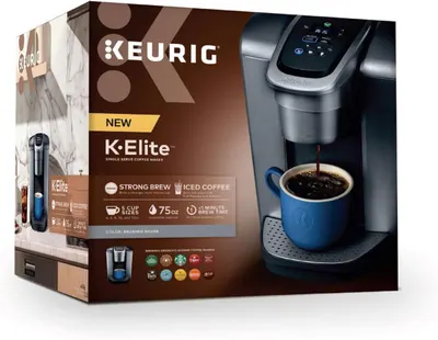 Communicates multiple key features and benefits of the K-Elite coffee maker in a segmented layout to help shoppers understand the product's versatility and capabilities.