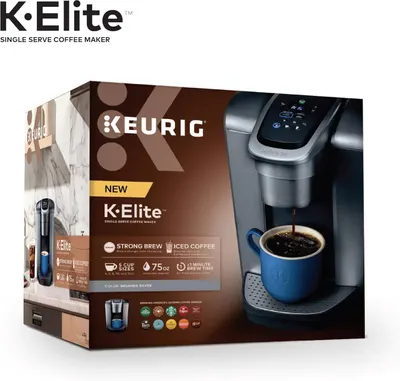 Shows the complete product packaging to help shoppers understand what they will receive and how the K·Elite coffee maker is presented at purchase.