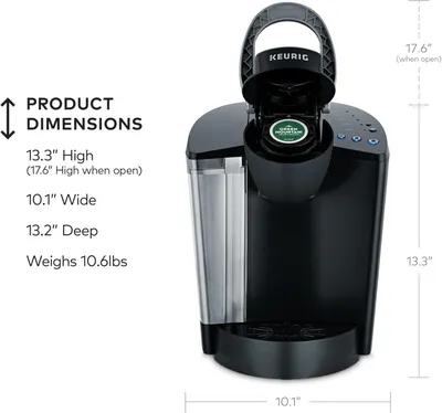 Communicates the exact physical size and weight of the Keurig coffee maker to help shoppers understand if it will fit in their space and assess portability.
