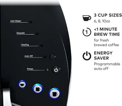 Communicates multiple key benefits of the coffee maker including customizable cup sizes, quick brewing speed, and energy-saving functionality to appeal to convenience-focused shoppers.