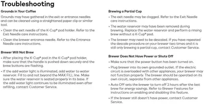 Provides step-by-step troubleshooting instructions to help customers resolve common issues with their coffee brewer, including grounds in coffee, partial brewing, power issues, and cleaning…