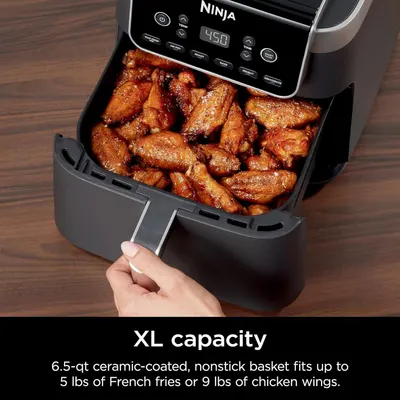 Communicates the large capacity of the air fryer basket using specific quantifiable measurements to help shoppers understand how much food they can cook at once. Highlights the benefit of being able…