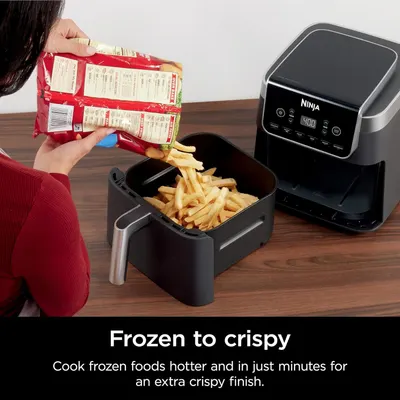 Demonstrates that the Ninja air fryer can cook frozen foods directly to a crispy finish in minutes, emphasizing convenience and time-saving benefits for shoppers.