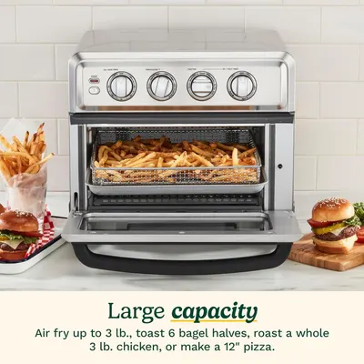 Communicates the product's generous cooking capacity with specific quantifiable claims (3 lb air frying, 6 bagel halves, 3 lb chicken, 12" pizza) to help shoppers understand how much food they can…