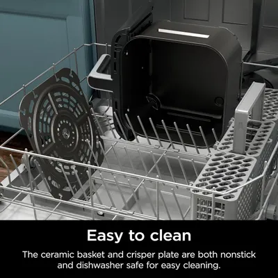 Communicates that the product's ceramic basket and crisper plate are nonstick and dishwasher safe, reassuring shoppers that cleanup is convenient and hassle-free.