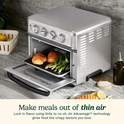 Communicates the product's air frying capability that delivers crispy texture using little to no oil, emphasizing healthier cooking and flavor retention.