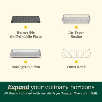 Shows all the accessories and components included with the Air Fryer Toaster Oven with Grill, demonstrating the versatility and value of the complete package.