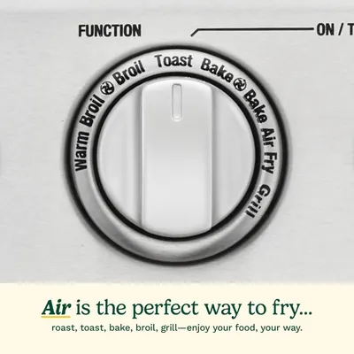 Demonstrates the versatility of the air fryer by showing multiple cooking functions (warm broil, broil, toast, bake, air fry, grill) and communicating that it can handle various cooking methods in…