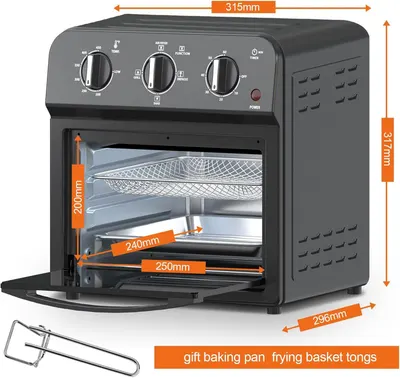 Communicates the exact physical dimensions of the air fryer oven, both externally and internally, to help shoppers understand if it will fit their counter space and cooking needs. Shows the…