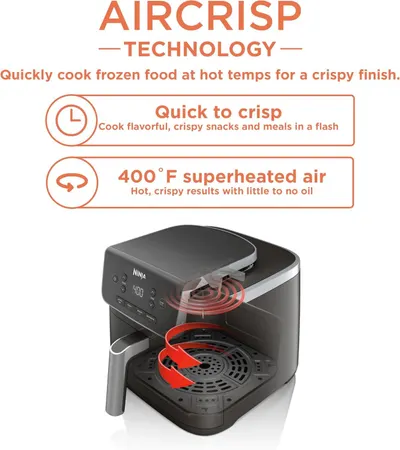 Communicates the AirCrisp technology's dual benefits of fast cooking time and high-heat air circulation that produces crispy results with minimal oil, reassuring shoppers about cooking performance…