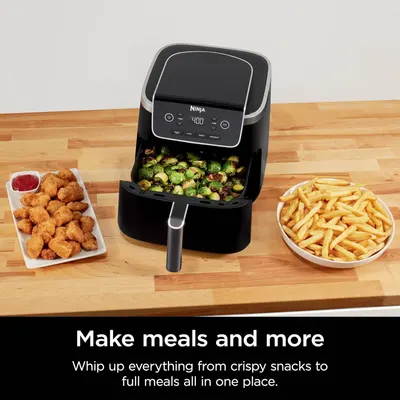 Demonstrates the air fryer's versatility by showing it can prepare multiple types of food (chicken nuggets, Brussels sprouts, and French fries), reassuring shoppers that it's suitable for various…