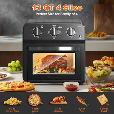 Communicates the product's capacity and suitability for a family of 4 by showing the 13 QT size and providing visual examples of food quantities it can accommodate (french fries, pizza, chicken,…