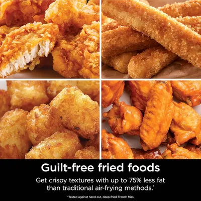 Communicates a quantifiable health benefit to reassure shoppers that they can enjoy fried foods with significantly reduced fat content compared to traditional air-frying methods. Demonstrates the…