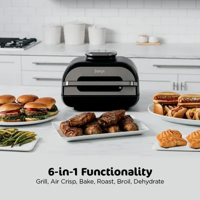 Demonstrates the product's versatility by showing multiple types of food it can prepare (burgers, steaks, hot dogs, vegetables, croissants), reinforcing the 6-in-1 functionality claim to help…